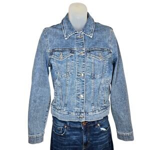 Mango MNG Womens Denim Jacket Large Trucker Style Metal Buttons Retro Coat
